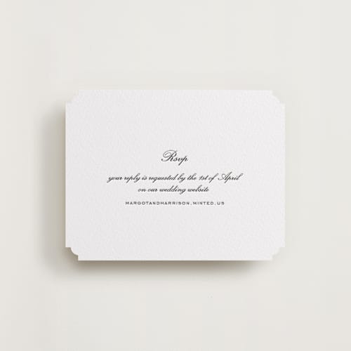 This is a soft black rsvp cards with letterpress by Megan Davis called cornelia printing on white cotton in standard
