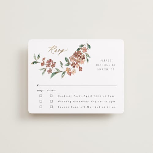 This is a dusty rose rsvp cards with foil pressed by Itsy Belle Studio called sweeping vine printing on signature in standard