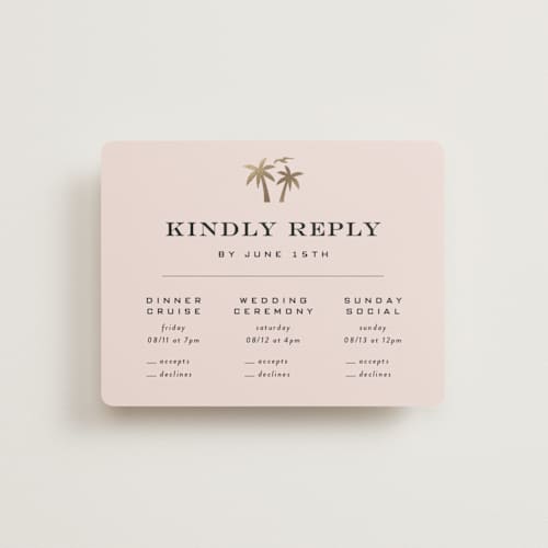 This is a blush rsvp cards with foil pressed by Laura Hamm called tropical getaway printing on signature in standard