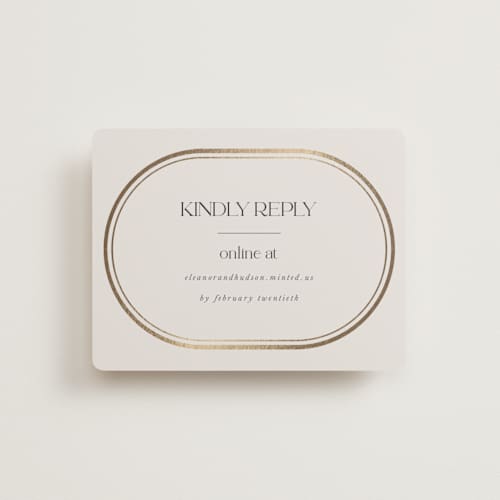 This is a sandstone rsvp cards with foil pressed by Lori Wemple called oval printing on signature in standard