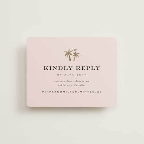 This is a blush rsvp cards with foil pressed by Laura Hamm called tropical getaway printing on signature in standard