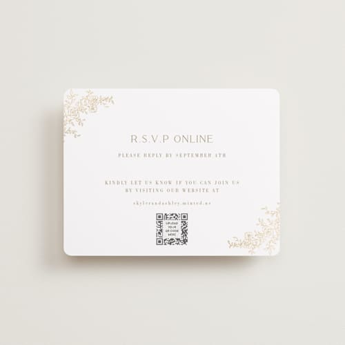 This is a champagne rsvp cards with foil pressed by Cass Loh called floral crest printing on signature in standard