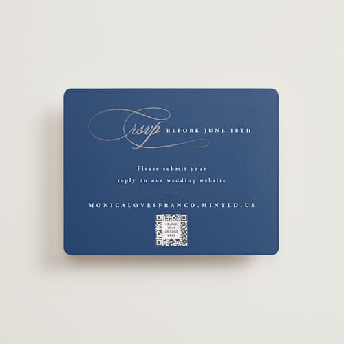 This is a royal blue rsvp cards with foil pressed by Hooray Creative called and centered printing on signature in standard