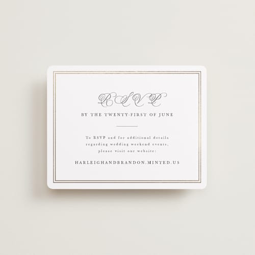 This is a snow rsvp cards with foil pressed by Sarah Brown called traditionalist printing on signature in standard