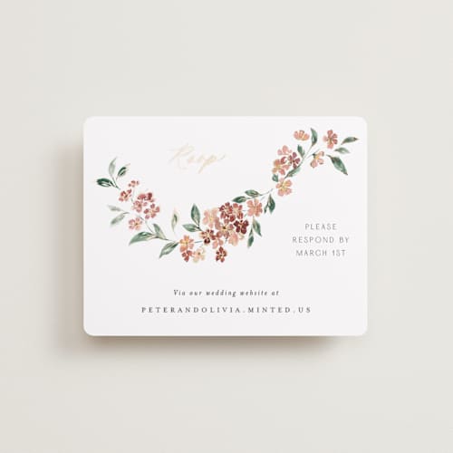 This is a dusty rose rsvp cards with foil pressed by Itsy Belle Studio called sweeping vine printing on signature in standard