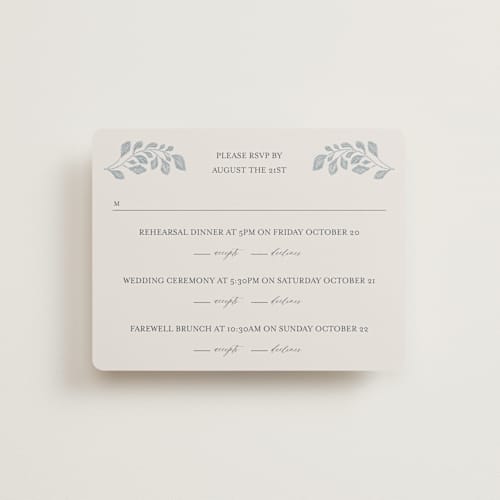 This is a dusty blue rsvp cards with standard by Jen Owens called embroidered printing on signature in standard