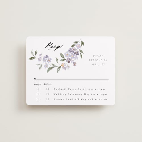 This is a periwinkle rsvp cards with standard by Itsy Belle Studio called sweeping vine printing on signature in standard