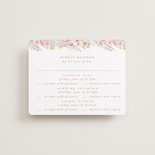 This is a spring rsvp cards with standard by Phrosné Barwood called floral arch printing on signature in standard