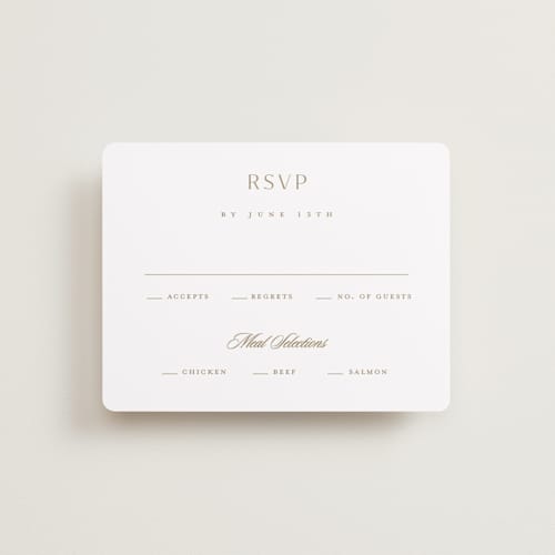 This is a golden rsvp cards with standard by Stacey Meacham called classic decorum printing on signature in standard
