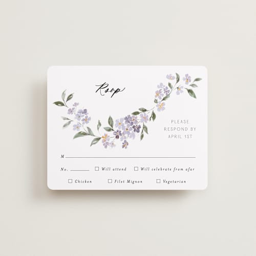 This is a periwinkle rsvp cards with standard by Itsy Belle Studio called sweeping vine printing on signature in standard