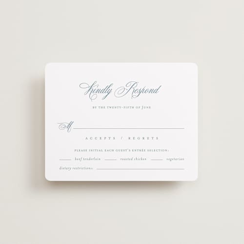 This is a dusty blue rsvp cards with standard by Jennifer Postorino called empire printing on signature in standard