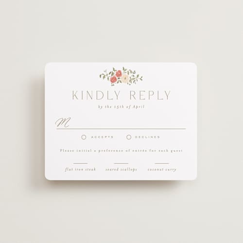 This is a pomegranate rsvp cards with standard by Everett Paper Goods called roses crest printing on signature in standard