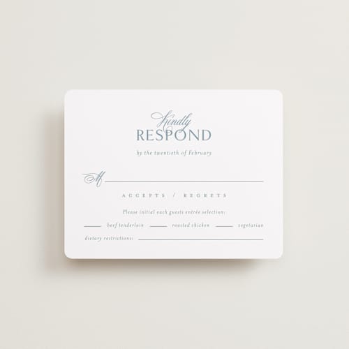 This is a dusty blue rsvp cards with standard by Jennifer Postorino called coastal charm printing on signature in standard