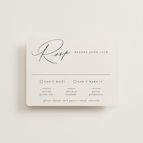 This is a ecru rsvp cards with standard by Hooray Creative called scripted names printing on signature in standard