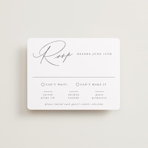 This is a pearl rsvp cards with standard by Hooray Creative called scripted names printing on signature in standard