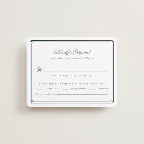 This is a french blue rsvp cards with standard by Jennifer Postorino called ariah printing on signature in standard