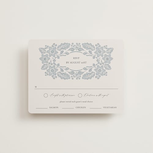 This is a dusty blue rsvp cards with standard by Jen Owens called embroidered printing on signature in standard