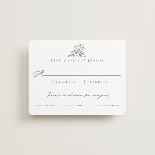 This is a olive rsvp cards with standard by Sarah Brown called vineyard printing on signature in standard