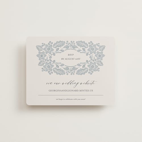 This is a dusty blue rsvp cards with standard by Jen Owens called embroidered printing on signature in standard