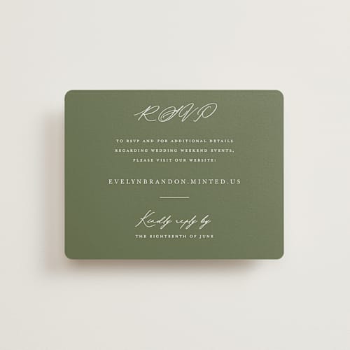 This is a olive rsvp cards with standard by Sarah Brown called vineyard printing on signature in standard
