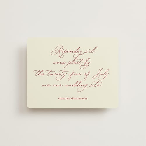 This is a burgundy rsvp cards with standard by Helena Vitto called elizabeth printing on signature in standard