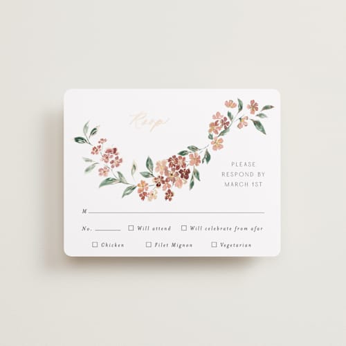 This is a dusty rose rsvp cards with foil pressed by Itsy Belle Studio called sweeping vine printing on signature in standard