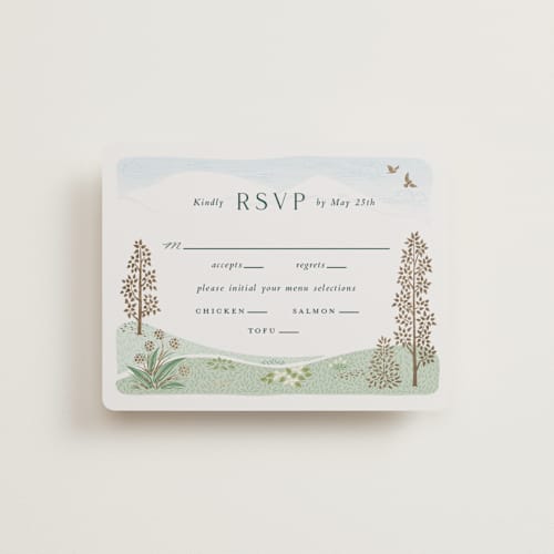 This is a evergreen rsvp cards with foil pressed by Paper Sun Studio called mountaintop printing on signature in standard