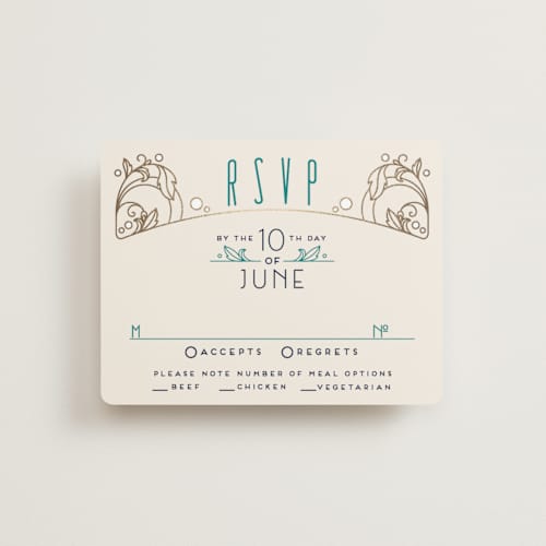This is a goldenrod rsvp cards with foil pressed by GeekInk Design called ornate deco printing on signature in standard