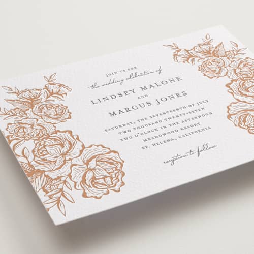 This is a sandstone | smoke letterpress wedding invitations with letterpress by Jennifer Postorino called in bloom printing on white cotton in standard
