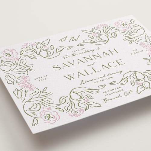 This is a peony letterpress wedding invitations with letterpress by Susan Zinader called sketched foliage printing on white cotton in standard