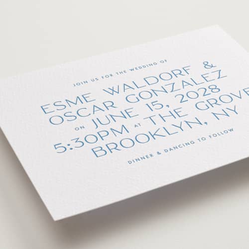 This is a marine blue letterpress wedding invitations with letterpress by Ellen Schlegelmilch called brooklyn printing on white cotton in standard