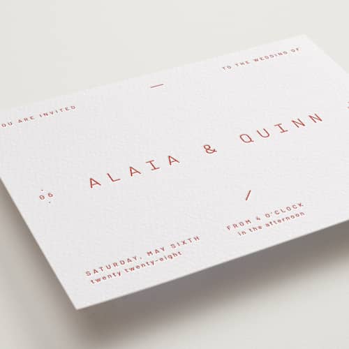 This is a verona sunset letterpress wedding invitations with letterpress by Blustery August called alaia printing on white cotton in standard