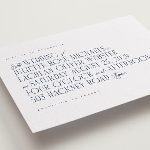 This is a blueberry letterpress wedding invitations with letterpress by Hudson meet Rose called london printing on white cotton in standard