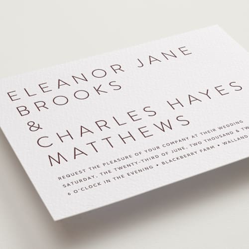 This is a clove letterpress wedding invitations with letterpress by Alston Foster called kismet printing on white cotton in standard