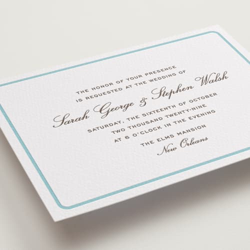 This is a robin's egg | cacao bean letterpress wedding invitations with letterpress by Megan Davis called aperitif printing on white cotton in standard