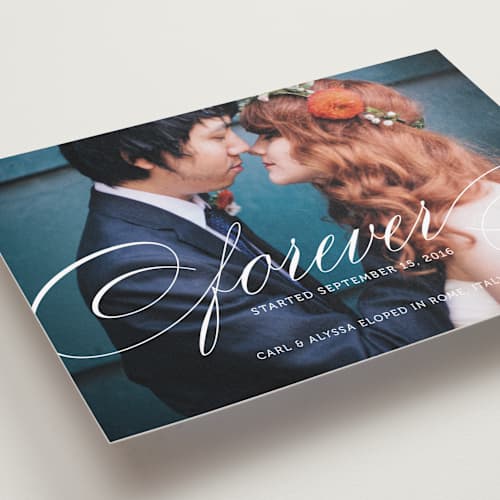 This is a snow wedding announcements with standard by Kimberly FitzSimons called forever printing on recycled smooth signature in standard