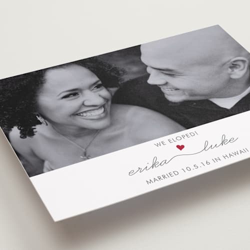 This is a cranberry wedding announcements with standard by Kim Dietrich Elam called love connection printing on recycled smooth signature in standard