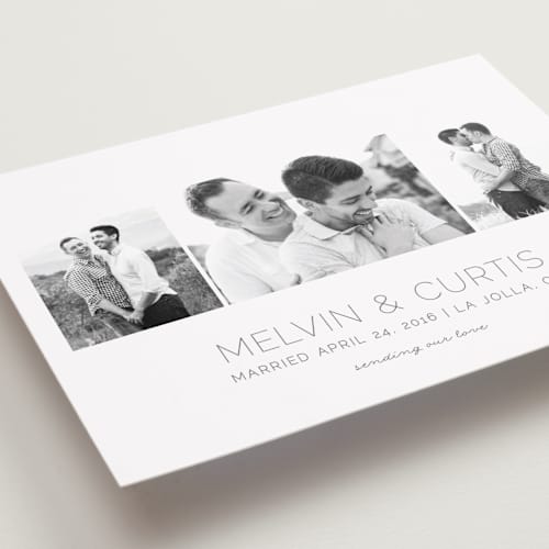 This is a charcoal grey wedding announcements with standard by Shirley Lin Schneider called oh so dreamy printing on recycled smooth signature in standard
