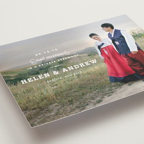 This is a white wedding announcements with standard by Oscar and Emma - Karly Depew called timeless printing on recycled smooth signature in standard