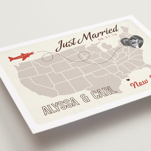This is a tomato wedding announcements with standard by leslie hamer called up and away printing on recycled smooth signature in standard
