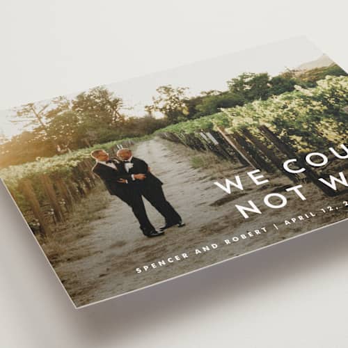 This is a cream wedding announcements with standard by Stacey Meacham called modern offset printing on recycled smooth signature in standard