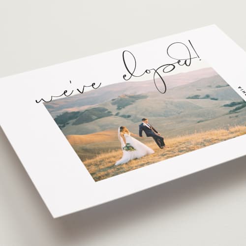 This is a noir wedding announcements with standard by Kimberly FitzSimons called offbeat printing on recycled smooth signature in standard