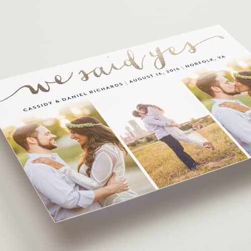 This is a golden wedding announcements with foil pressed by Ashley Hegarty called jotted printing on recycled smooth signature in standard