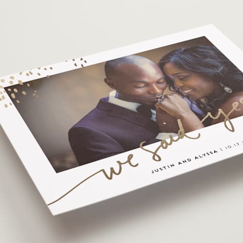 This is a gold wedding announcements with foil pressed by Kelly Ventura called let love shine printing on recycled smooth signature in standard