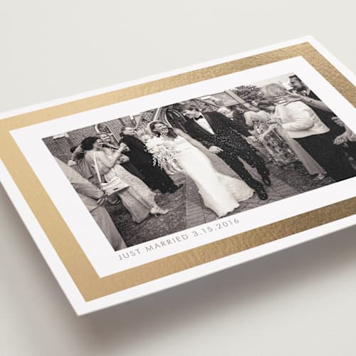 This is a gold wedding announcements with foil pressed by kelli hall called bright border printing on recycled smooth signature in standard