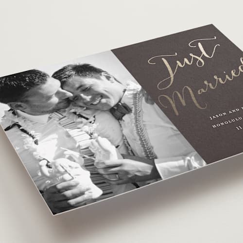 This is a dark chocolate wedding announcements with foil pressed by Eric Clegg called cottonwood printing on recycled smooth signature in standard