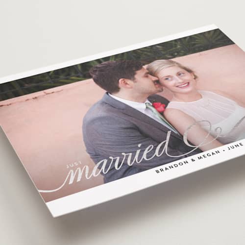 This is a silver wedding announcements with foil pressed by A.C.R. called married + bright printing on recycled smooth signature in standard