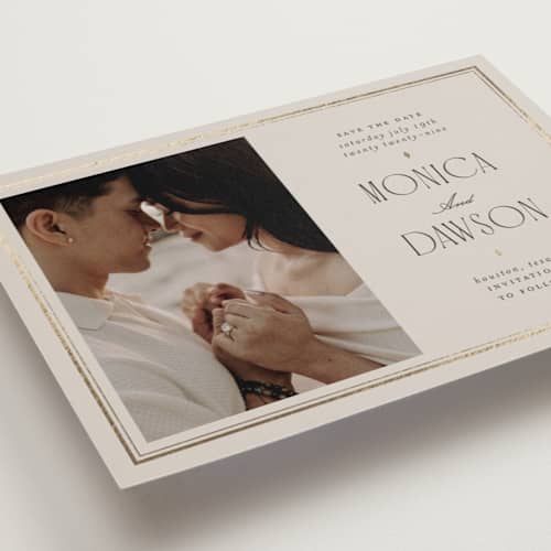 This is a champagne foil stamped save the date cards with foil pressed by Kristin Oliversen called luxe lines printing on recycled smooth signature in standard