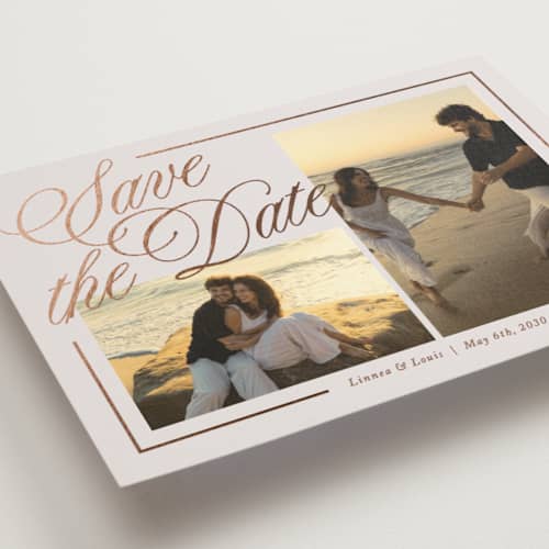 This is a dove foil stamped save the date cards with foil pressed by Brianne Larsen called elegantly lined printing on recycled smooth signature in standard