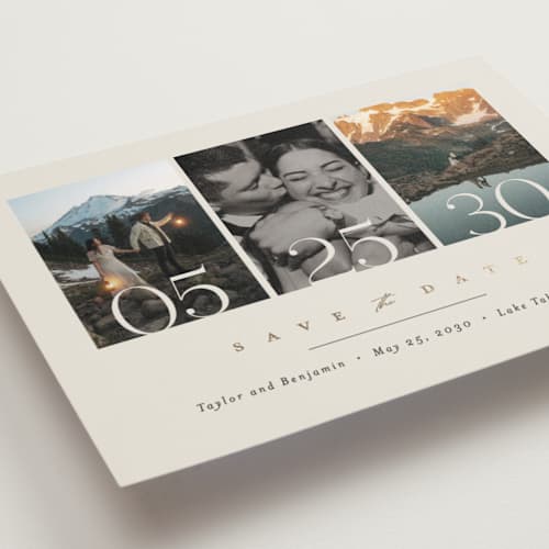 This is a ecru foil stamped save the date cards with foil pressed by Erica Krystek called simple trio printing on recycled smooth signature in standard